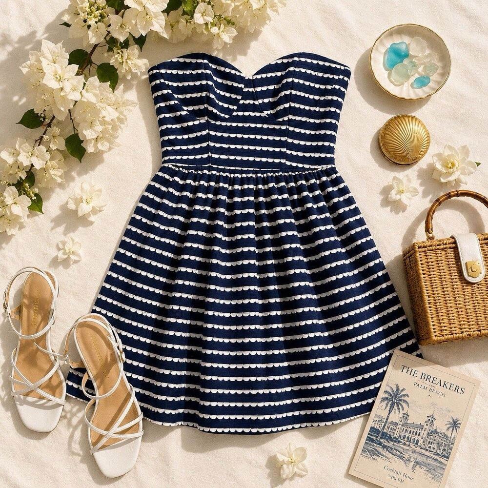 Strapless Fit Flare Mini Dress Navy White Scallop Stripe Preppy Coastal Dress